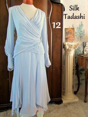 SILK DRESS 12, BLUE-GRAY 2-PIECE TADASHI SHEER SLEEVE HANDKERCHIEF HEM, DRAPING
